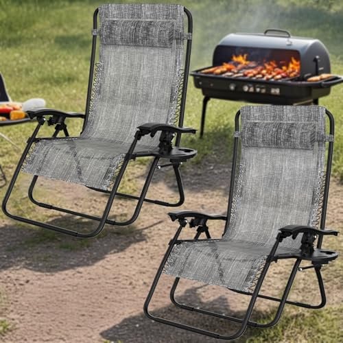 arvioo Liegestuhl, Schwerelos Entspannen, 2er Sonnenliege Stufenlos Verstellbare Positionen & Gummischnüren, Mit Kopfstütze & Getränkhalter, Liegestuhl Klappbar aus Stahlgestell & Textilene (Anthrazit