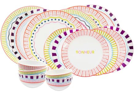 Artime - Service de Table 18 Pièces en Porcelaine Multicolore, 6 Assiettes Plates, 6 Assiettes à Dessert, 6 Bols