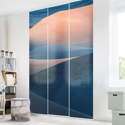 micasia Schiebegardine halbtransparent 60er Paneel Klett Natur Textil lichtdurchlässig - Afrika Orientalisch Flächenvorhang blau Wohnzimmer Schlafzimmer 2302 (180x250 cm - 3er Set)