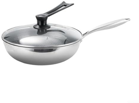 Wok de acero inoxidable de tres capas no adherente, wok en acero inoxidable, 32 cm con tapa, apto para inducción y cocina de llama abierta para chefs caseros (con tapa)