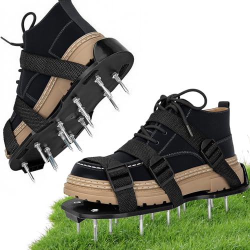 Griwuut Zapatos aireadores de césped con correas dobles en el empeine, sandalias de aireación con pinchos resistentes, aireación eficaz, tamaño universal, premontadas para césped, patio, jardín