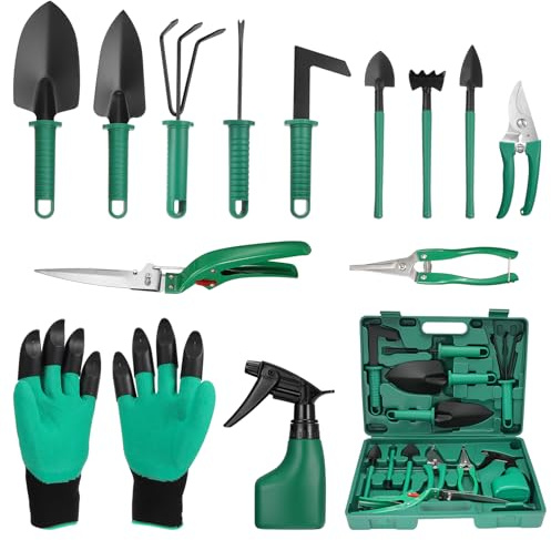eROOSY 13 Stück Gartenwerkzeug Gartenarbeitsset, Gartengeräte Set Handschuhe mit Krallen Gartengeräte mit Tragetasche, Geschenke für Gartenliebhaber