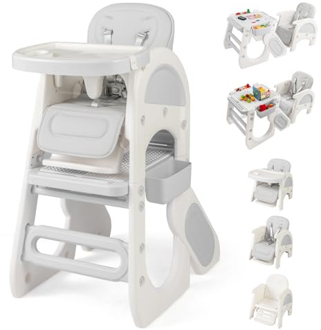 COSTWAY High Chairs for Babies and Toddlers, 8 in 1 Convertible Highchair/Toddler Table Chair Set with Adjustable Backrest, Removable Double Tray, Storage Boxes, Safety Harness (Grey)