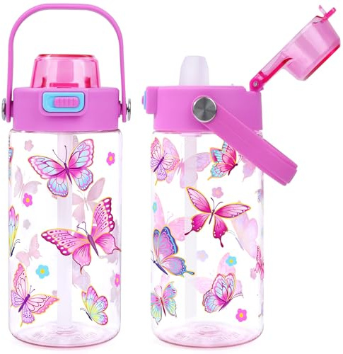 Trinkflasche Kinder Auslaufsicher Schmetterling Wasserflasche Strohhalm | 600ml Schule Sport Flasche für Mädchen Kindergarten Rosa Sporttrinkflasche BPA-frei Tragegriff Geschenk
