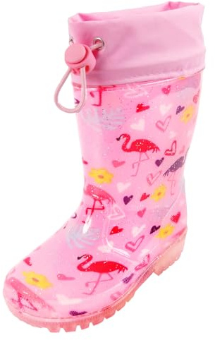 YAAMOO Stivali di gomma per bambini, stivali da pioggia per bambini, stivali di gomma per bambini, con design a dinosauro, impermeabili, suola antiscivolo, blu, taglia 26-34, Motivo fenicottero, 34 EU