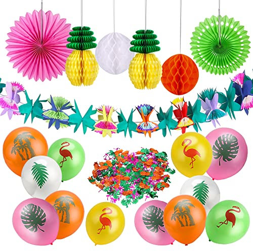 HOWAF 33 stücke Sommer Tropische Party Dekorationen Kit Blumen Girlande Ananas Wabenbälle Seidenpapier Fan und Luftballons Flamingo Konfetti für Hawaii deko Geburtstags Aloha Sommer Beach Party