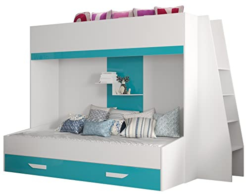 MEBLE KRYSPOL Party 17 Hochbett für Kinder, Jugendliche mit Stauraum - Etagenbett mit Schreibtisch, Kleiderschrank, Bücherregal und Trittleitern - 230x135x165 cm - Weiß, Türkis, Weiß + Türkis