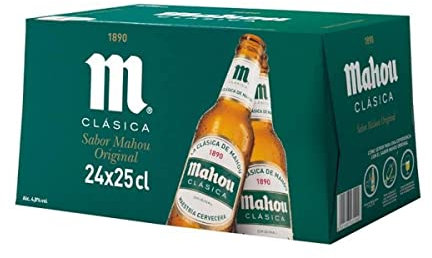 Mahou Clásica, Pack 24 Botellas x 25cl, Cerveza Dorada Lager, Auténtica Cerveza Mahou Con Sabor Suave, Refrescante y Con Espuma Consistente, 4.8% Vol. Alcohol