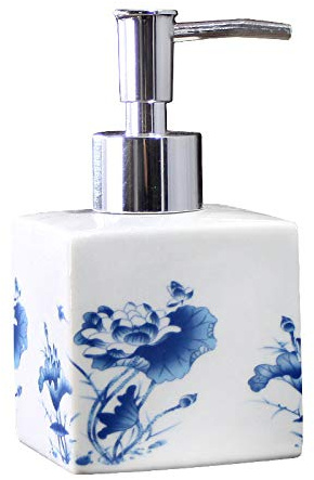 SAFWE Dispensador de jabón de loción, dispensador de jabón de loción de cerámica con Bomba para baño y Cocina, Oficina, Botella líquida Decorativa Floral de Porcelana Azul y Blanca Vintage
