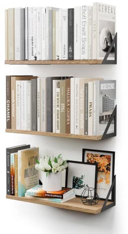 CASSA Wall Mounted Floating Book Shelves for Wall Set of 3, Shelf Bookshelf for Bedroom Living Room Office Bathroom Kitchen Rustic Wood with Metal Bracket (Natural)