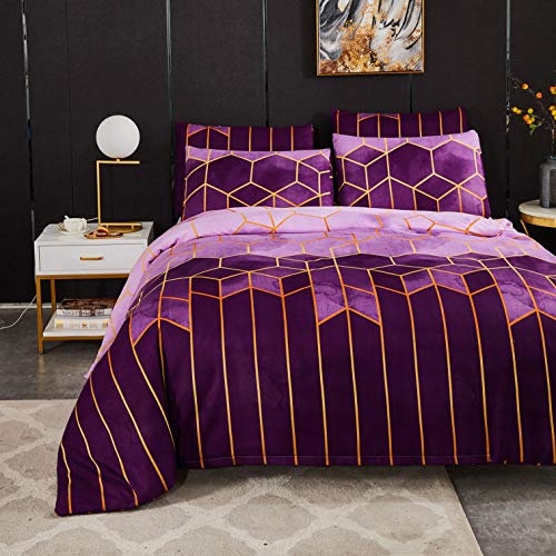 TT Global Violet Housse de Couette 200x200cm à Motif 3D Géométrique - Parure de Lit 2 Personnes avec Fermeture Éclair - Sets Housse de Couette Boho Imprimé en Microfibre avec 2 Taie d'oreiller 50x70cm