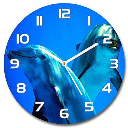 Tulup Glasuhr ⌀ 30cm - weißen Zeigern - Wanduhr Wandkunst Bild Gehärtetem Glas Uhr Echtglas Küche Wohnzimmer - Zwei Delphine