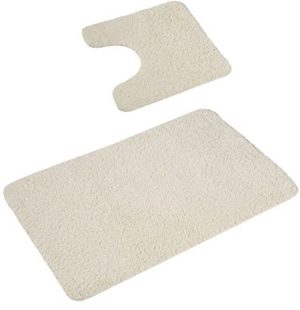 PANA® 'Florenz' Badteppich Set • Flauschige Vorleger für Badezimmer und WC • Waschbare und rutschfeste Badematten • Set: 45 x 45 cm mit WC-Ausschnitt + 50 x 80 cm • Farbe: Creme