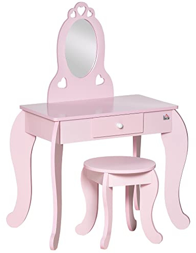 HOMCOM Barnsminkbord tjejig design med hjärtmönster - pall ingår - dim. 60 L x 36 l x 88 cm - låda, spegel - MDF - rosa