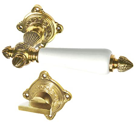 Gussmeister Türbeschlag-Set antik fürs Badezimmer mit Keramikgriffhülsen, Drückergarnitur mit Türklinken und Rosetten für Buntbart, Modell 1899 aus Messing patiniert