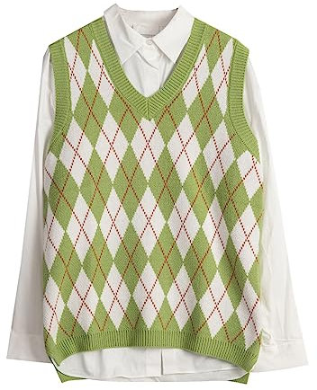 Gilet da donna con motivo scozzese e scollo a V, senza maniche, stile preppy vintage in maglia, Verde lime+bianco, S
