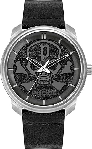 Police Bleder Herren Armbanduhr aus Edelstahl und Leder in der Farbe Silber-Schwarz, Durchmesser: 44mm, Wasserdichtigkeit: 5Bar, PL15714JS04