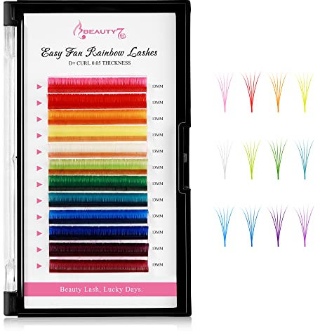 Beauty7 Selbstfächernde Wimpern D+ Curl 0.05 Easy Fan Lashes für Volumentechnik Wimpernextensions Volumen Wimpern MIX Farbige Wimpern 12 Farben 13mm Regenbogenfarben