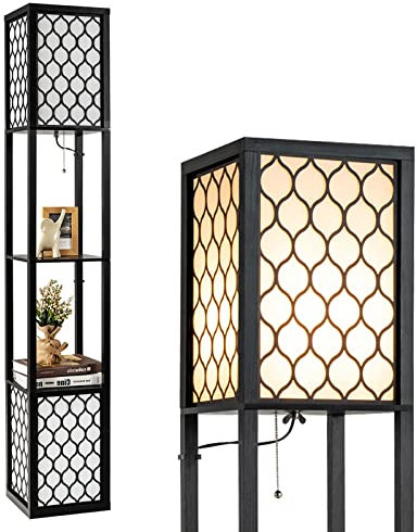 GiantexUK Wooden Floor Lamp, 2 Layers Shelf Tall Standing Light with White Lampshade, Modern Display Storage Reading Lamp for Bedroom, Living Room, Office and Home Decoration