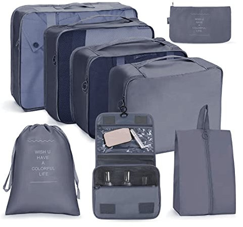 OSDUE Koffer Organizer Set 8-teilig, Packing Cubes, Wasserdichte Reise Kleidertaschen, Packtaschen für koffer, Kofferorganizer Reisetasche mit Kosmetiktasche, Schuhbeutel, USB Kabel Tasche (Asche)