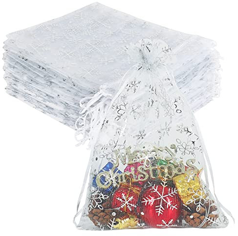 YQL 100 Stück Organzasäckchen Weihnachten, 17x23cm Weiß Organza Säckchen Gross Schneeflocke Säckchen mit Zugband, Gaze Säckchen, Geschenksäckchen für Weihnachtsseife, Schmuck, Süßigkeiten, Make-up