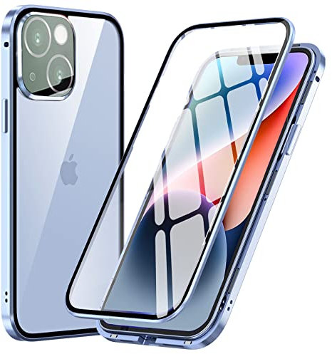 MIMGOAL Hülle für iPhone 14,Magnetische Adsorption Metallrahmen 360 Grad Full Body Handyhülle Vorne hinten Gehärtetes Glas Ganzkörper Schutzhülle Einteiliges Dünn Transparente Cover,Blau