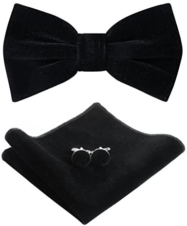 HOULIFE Fliege Herren Set - Verstellbare Fliege aus Samt Vorgebunden Fliege, einfarbige Einstecktuch, Manschettenknöpfe Set für Bräutigam Hochzeit formal mit Geschenkbox - Schwarz