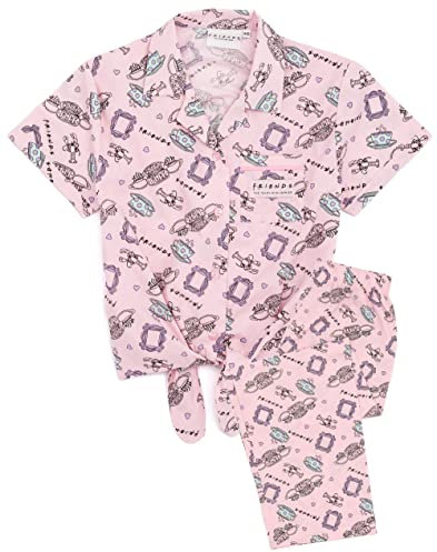 FRIENDS Girls Pyjama Set | Kids Pink All Over Print Loungewear T-Shirt & Pants PJ Bundle | Long Sleeve Tee Long Leg Bottoms Pajama | Sitcom Series Cosy Nightwear Merchandise Gift for Children