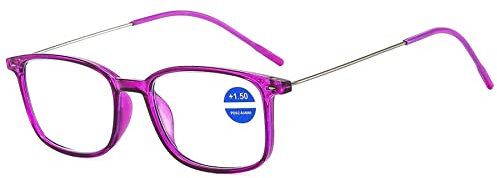 Lanomi Blaulichtfilter Lesebrille Damen Herren UV400 Schutz Sehhilfe Lesehilfe Kunststoff Rahmen Computerbrille Metall Bügeln Anti Blaulicht Brille Lila 1.5