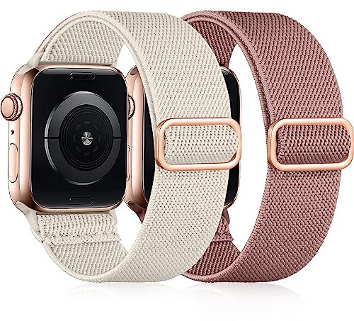 Easuny Cinturino Elastico Compatibile con Cinturino Apple Watch 42mm 44mm 45mm 49mm, Banda Nylon Morbida Regolabile per iWatch Series 9 8 7 6 5 4 3 2 1 SE Ultra per Donne Uomini, Rosa/Galassia