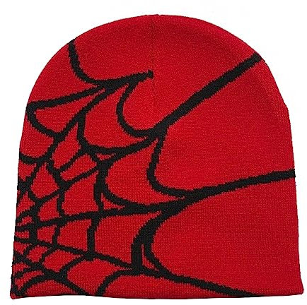 Diskebuiss Y2k Beanie Spinnennetz Beanie Damen Herren Strick Spinnennetz Beanie Mütze Gothic Spinnenmuster Wolle Acryl Strickmütze, A-rot/schwarz (1 Stück), Einheitsgr��e