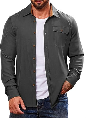 COOFANDY Herren Flanellhemd Casual Button-up Holzfällerhemd Normale Passform Freizeithemd Mit Langen Ärmeln Grau L