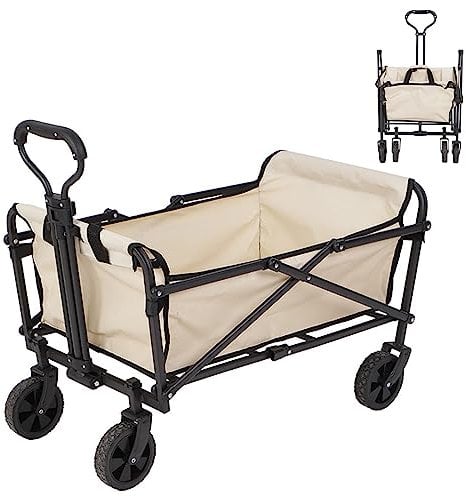 Bollerwagen Faltbar 80L,Garten Handwagen Faltbar Breite Reifen Transportwagen Mit Seitentasche Getränkehalter Verstellbarem Griff,Bis 50Kg Tragkraft,Beige,6.5 Wheels
