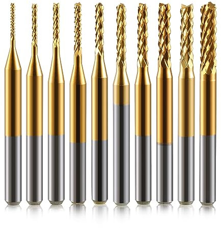 10 Stücke Hartmetall Schaftfräser, 1/8 Schaft Titan Coat CNC Fräser Stückchen Fräser Schnitzsatz, Stirnfräser Drehgrat Werkzeug Gravur Bits für PCB/SMT/Hartholz/Leiterplatte/Faser, 0,8-3,0mm