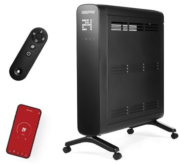 GEEPAS 2KW Smart Convector Energy Efficient Heater | Freestanding with Adjustable Temperature 10–45 °C Front Tempered Glass Panel | Low Running Cost Child Lock Wifi 24H Timer & Remote Control | Black