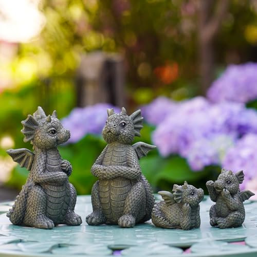 Yeomoo Drachen Familie mit Kinder Figuren Gartendeko für Draußen: Lustige Drachen Gartenfiguren Geschenke für Frauen Mama Geburtstag Deko für Wohnzimmer Garten Balkon Terrasse Wetterfest Grau 4 Stück