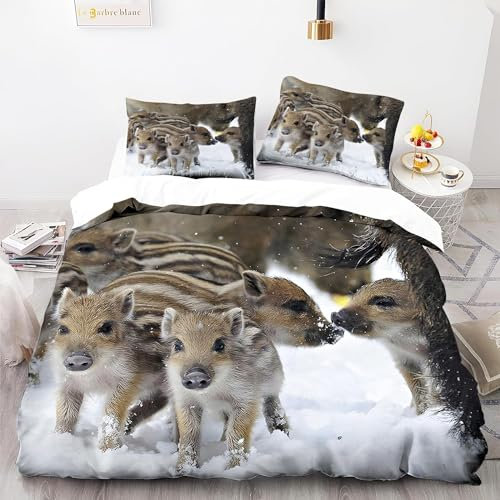 Bettwäsche 135x200 Wildschwein 3D Bettwäsche-Sets Tier 3 Teilig Weich Mikrofaser Bettbezug Set mit Reißverschluss + 2 Kissenbezüge 80x80 cm 655-E