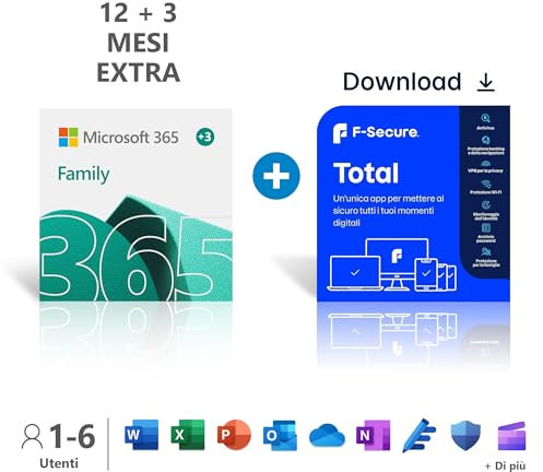 Microsoft 365 Family | Fino a 6 persone | Per PC/Mac/tablet/cellulari | Abbonamento di 15 mesi + F-Secure Total | 1 Anni | 5 Dispositivi | PC/Mac/Mobile | Codice d'attivazione via email