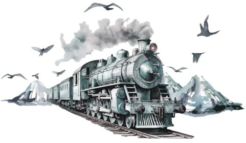 SUPERDANT Adhesivo de Pared de Tren Vintage con Pájaros de Montaña,Pegatinas de Pared de Tren de Acuarela,Pegatinas de Pared Azules,Murales de Arte de Pared Extraíbles para Sala de Estar