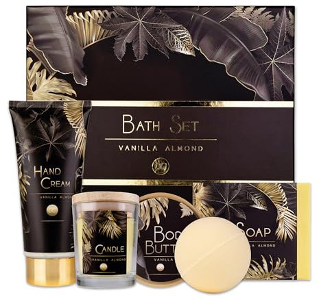accentra - Geschenkset Frauen LUXURY 5-teilig - Badeset Geschenk mit Duftkerze, Seife, Handcreme, Körperbutter & Badebombe – Wellness Set für Frauen & Mädchen zum Geburtstag Duft: Vanilla & Almond