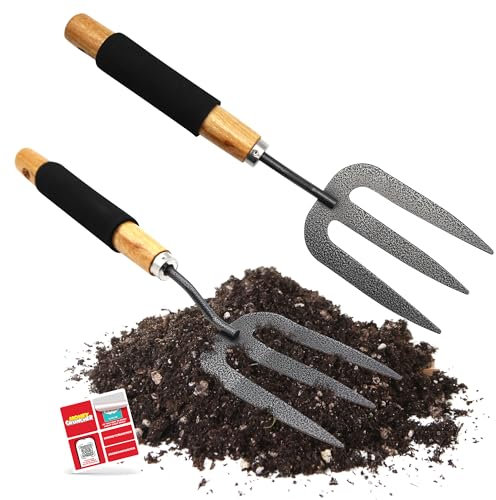 SOL 2pk Lightweight Garden Fork, 34.5cm Garden Hand Fork with Wooden Handle and Rubber Grip - Durable, Lighweight Design for Multi-Purpose Weeding and Planting Tool, For Gardeners of All Skill Levels