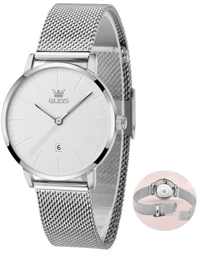 OLEVS Silber Damen Armbanduhr Eleagnt Einfache Metall Armbanduhr Damen Weißfarben Zifferblatt Analog Damenuhr mit Datumsanzeige Wasserdicht Ultradünne Quarzuhr Geschenke für Frauen Leicht zu Lesen