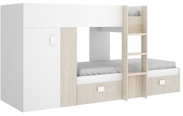 DEKIT GRUPO RIMOBEL GROE - Cama Tren con 2 camas juveniles - Blanco / Natural / Alistonado - 150x271x111 cm