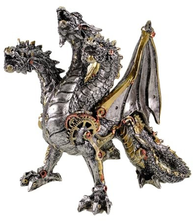 Kremers Schatzkiste Dreiköpfiger Drache Steampunk Figur Polyresin Deko Skulptur Mehrfarbig 21x14x18cm, Vintage Drachen Statue
