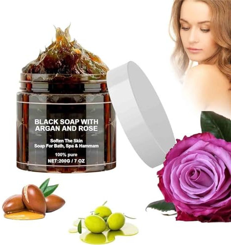 Marokko Schwarze Seife Mit Argan Und Rose, 100% Organische Marokkanische Schwarze Seife, Schwarze Seife Körper Peeling Seife, Zawina Morocco Black Soap, Peeling Duschgel Für Weiche Haut (1)