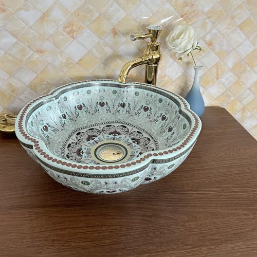 1 ensemble complet Art vasque lavabo de salle de bain en céramique bleu clair avec motif floral, robinetterie dorée et bonde escamotable pour plan de toilette