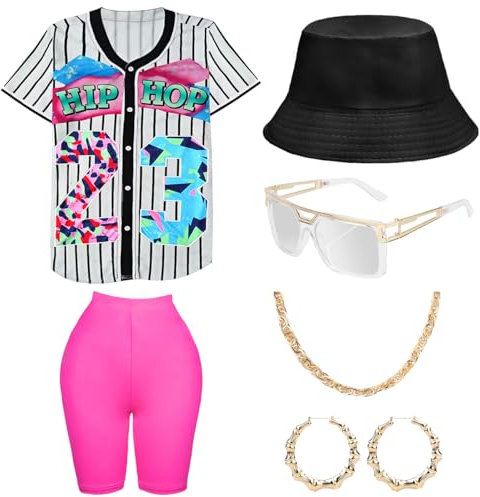 WILDPARTY 80er 90er Jahre Outfit Damen, Hip Hop Kostüm Lockere Oberteile Yoga Hose Fischerhüte Gläser Ohrringe Halskette, 1980 Accessoires Bunte Rapper Shirt Karneval Mottoparty Bad Taste