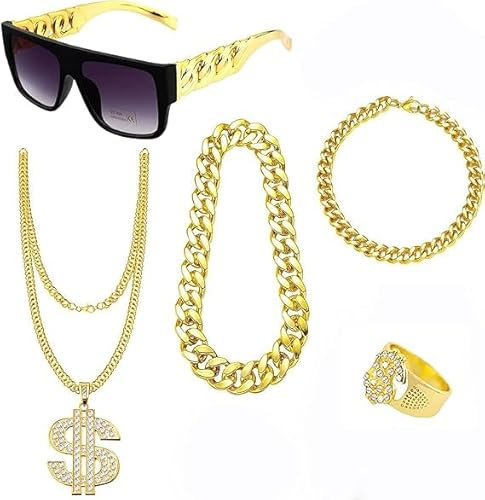 5 Stück Dollar Kette Set, Zeichen Halskette Ringe Sonnenbrille Goldkette, Hip Hop Kostüm Accessories, 80er 90er Jahre Outfits und Accessoires