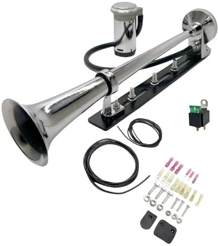 YIYIDA Luft Horn Car Horn LKW Hupe Innovatives Design und justierbares Zubehör Lauter Lautsprecher 150db Silber Chrom Zink Einzelne Trompete Auto Hupe mit Kompressor für 12V Auto LKW Boot ect