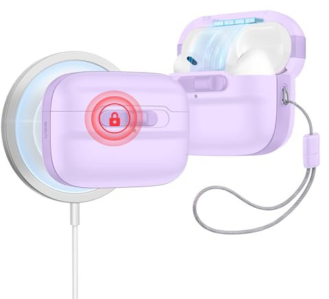 ESR for AirPods Pro 2 Case (2023/2022/2019, 2nd/1st Gen), Compatible with Airpods Pro 2 (USB-C/Lightning Cable), MagSafe Ready, Magnetic Lid Lock, Full Drop Protection Cover with Lanyard, Purple